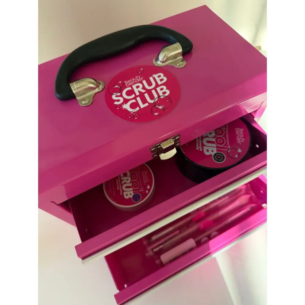 New Beauty Blender Tool Scrub Set 4 Makeup Brushes 2 Solid Soap Pink Metal Case